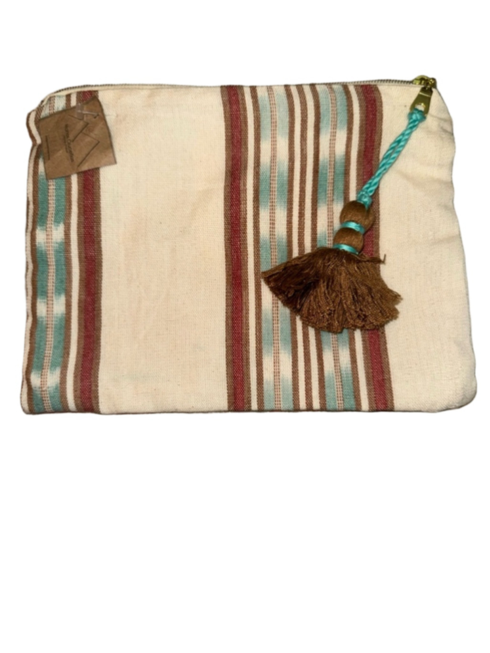 Striped Canvas Tassel Pouch in Cream, Teal & Rust